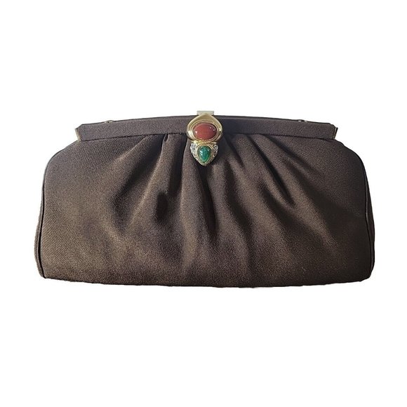 Vintage Judith Leiber Brown Fabric Clutch Crossbody Gold Chain Gemstone Clasp